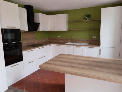 Cuisine moderne blanc mat et ton bois à Saint-Sever (40).